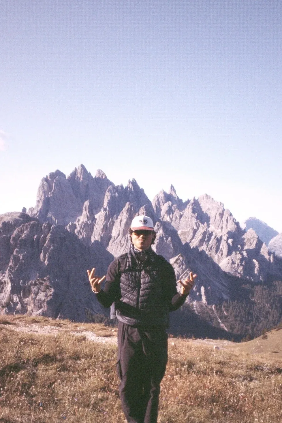 Nico in front of the Cadini di Misurina, Dolomites